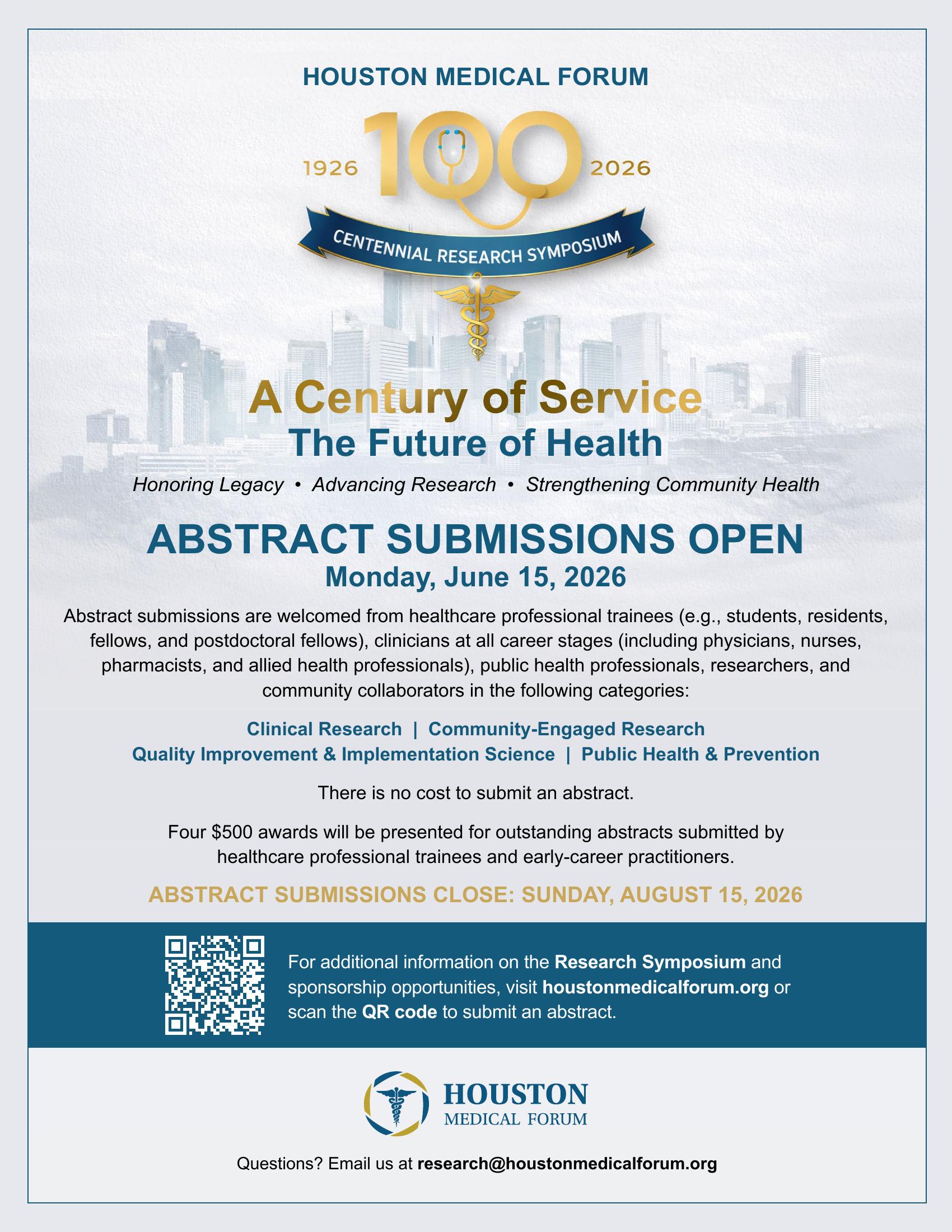 Houston Medical Forum Centennial Research Symposium Abstract Submission Flyer